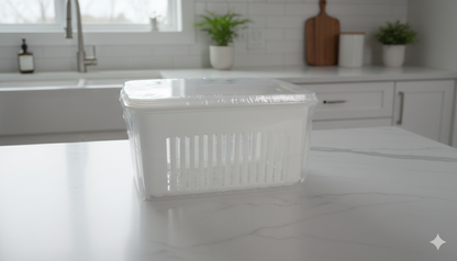 RECIPIENTE RECTANGULAR PARA NEVERA CON TAPA, ESCURRIDOR Y 2 DIVISIONES EN RECIPIENTES INDIVIDUALES