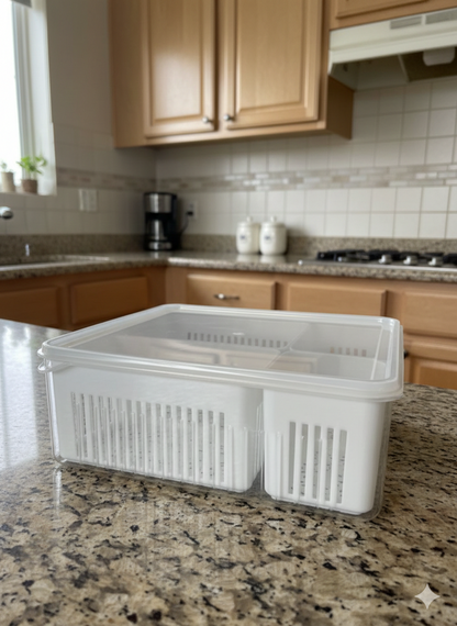 RECIPIENTE CUADRADO PARA NEVERA CON TAPA, ESCURRIDOR Y 4 DIVISIONES EN RECIPIENTES INDIVIDUALES