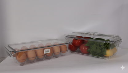 SET NEVERA: ORGANIZADOR DE HUEVOS CON TAPA + RECIPIENTE TRANSPARENTE PARA NEVERA CON TAPA
