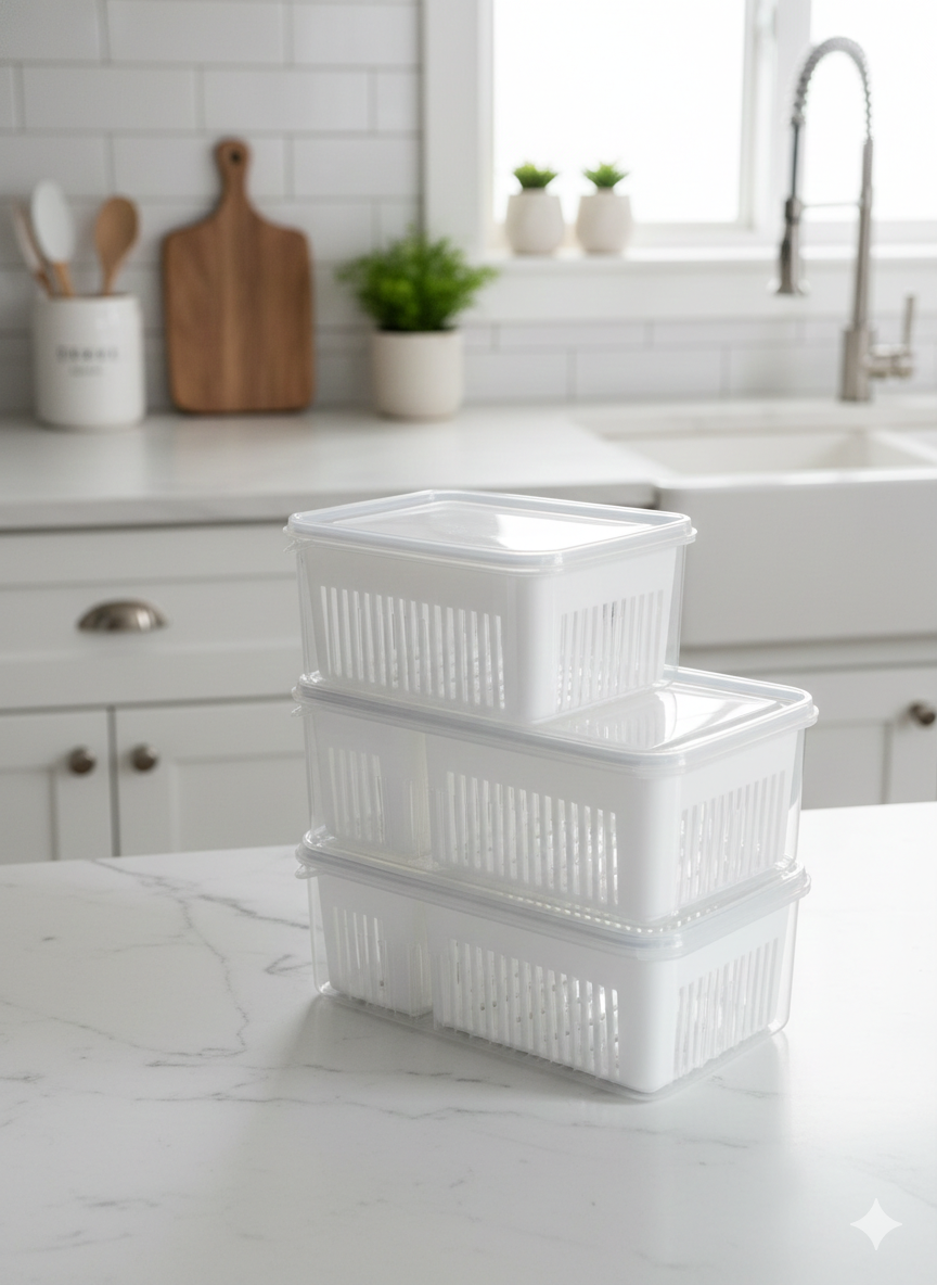 JUEGO ORGANIZADOR PARA NEVERA CON TAPA, DIVISIONES Y ESCURRIDOR x3