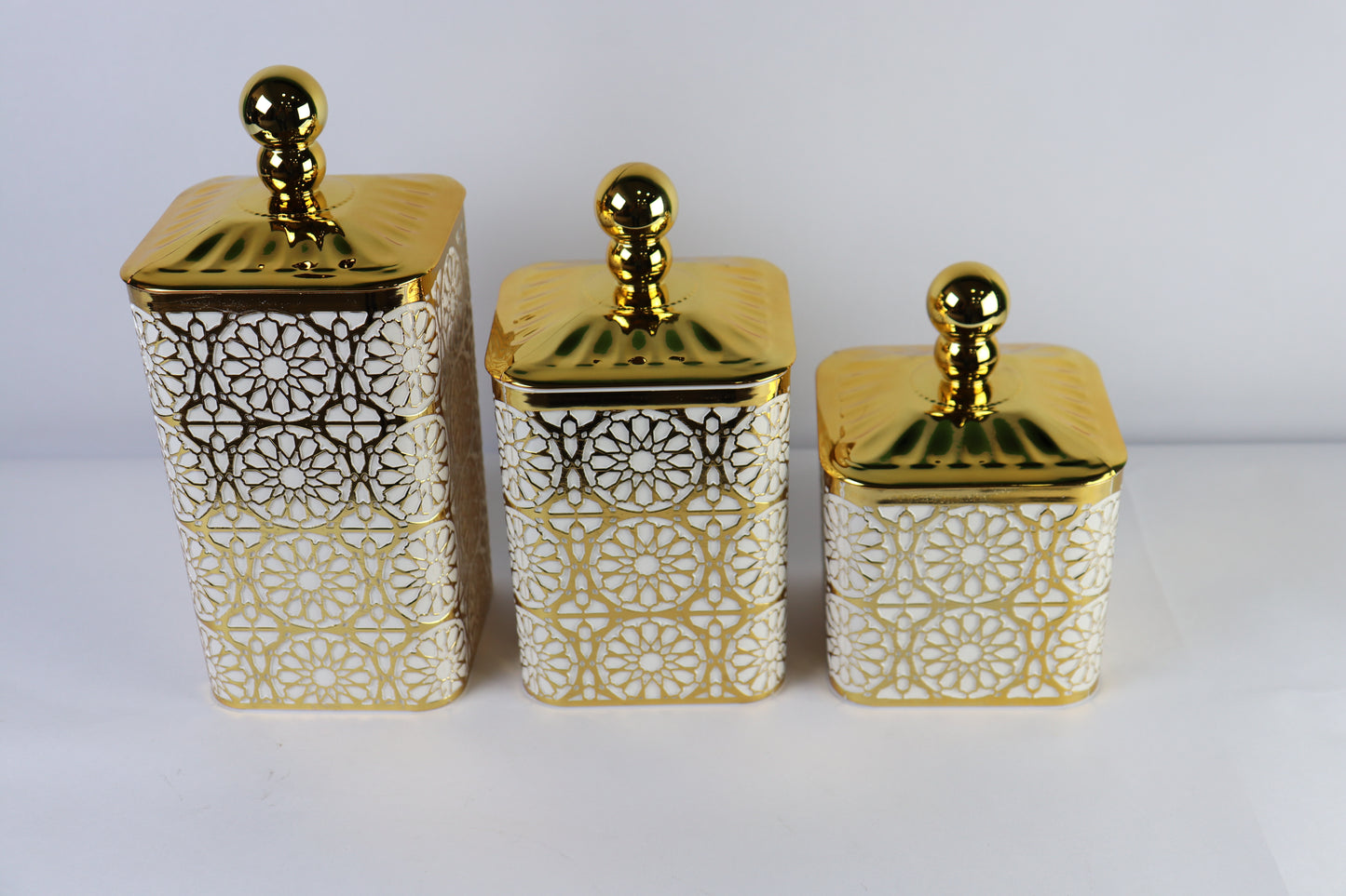 JUEGO x3 TARROS RECTANGULARES DECORADOS CON DORADO
