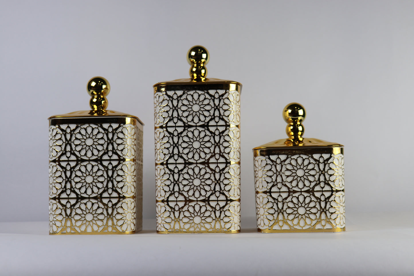 JUEGO x3 TARROS RECTANGULARES DECORADOS CON DORADO