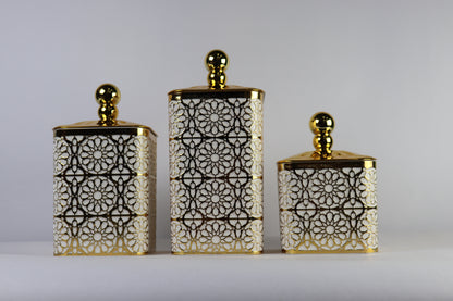 JUEGO x3 TARROS RECTANGULARES DECORADOS CON DORADO