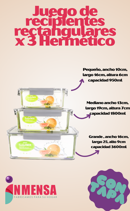 JUEGO DE RECIPIENTES RECTANGULARES HERMÉTICO x3