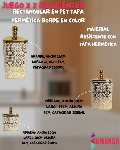 JUEGO x3 TARROS RECTANGULARES DECORADOS CON DORADO