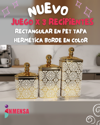 JUEGO x3 TARROS RECTANGULARES DECORADOS CON DORADO