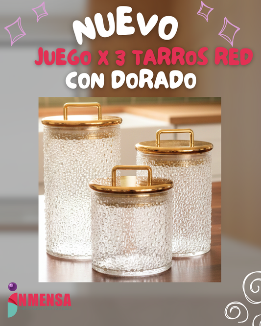 JUEGO x3 TARROS REDONDOS DECORADOS CON DORADO