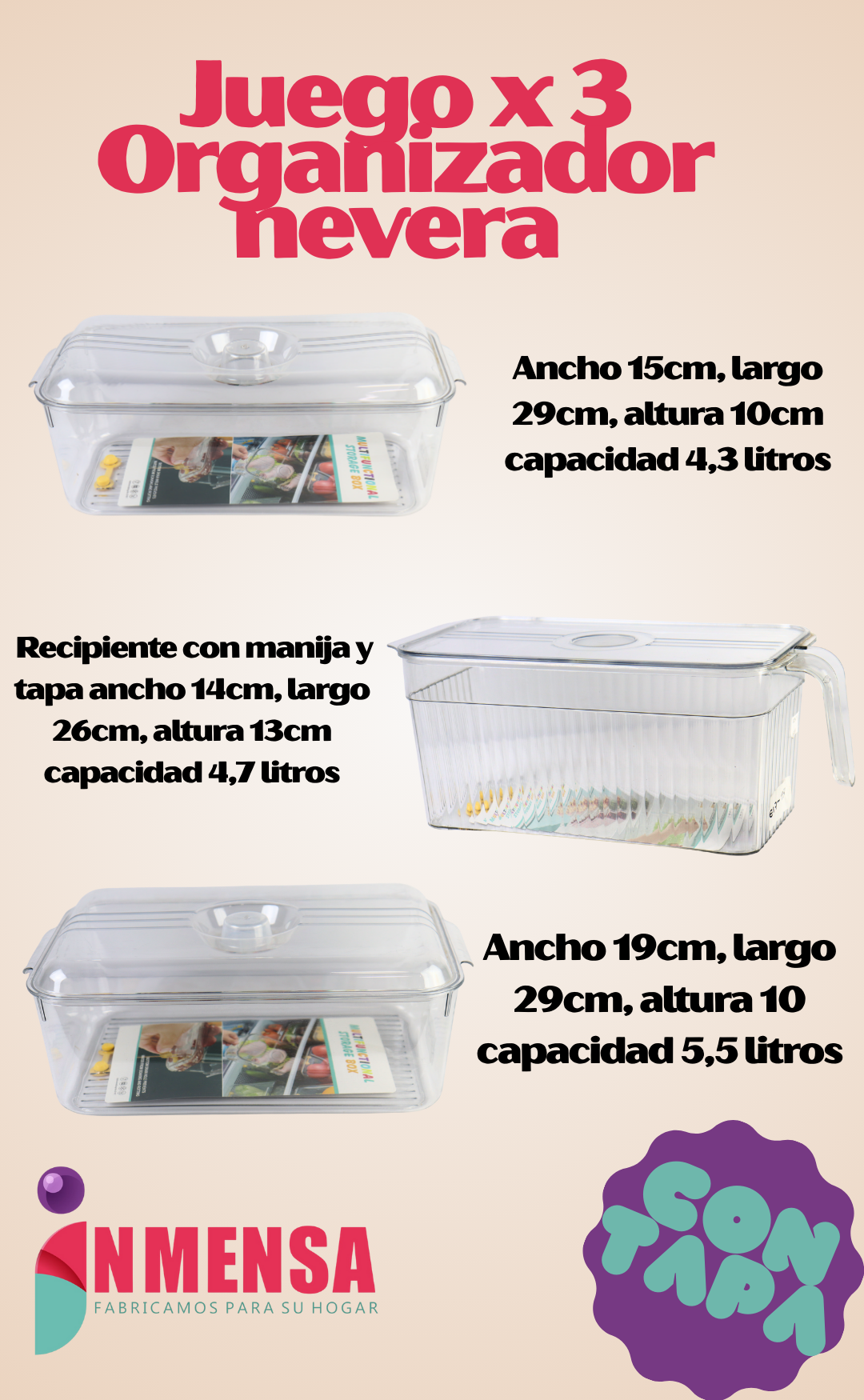 JUEGO ORGANIZADOR DE NEVERA CON TAPA x3