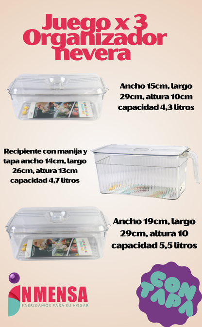 JUEGO ORGANIZADOR DE NEVERA CON TAPA x3