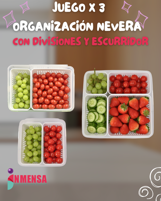 JUEGO ORGANIZADOR PARA NEVERA CON TAPA, DIVISIONES Y ESCURRIDOR x3