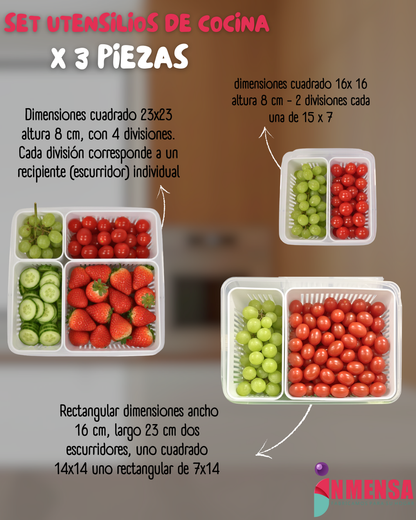 JUEGO ORGANIZADOR PARA NEVERA CON TAPA, DIVISIONES Y ESCURRIDOR x3