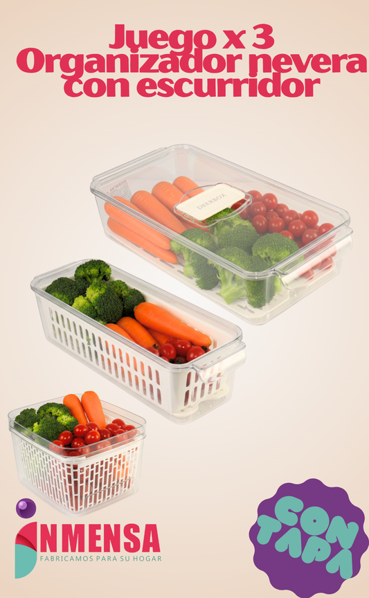 JUEGO ORGANIZADOR PARA NEVERA CON ESCURRIDOR x3
