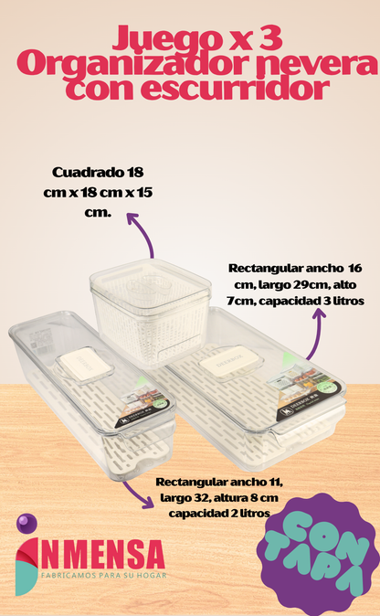 JUEGO ORGANIZADOR PARA NEVERA CON ESCURRIDOR x3