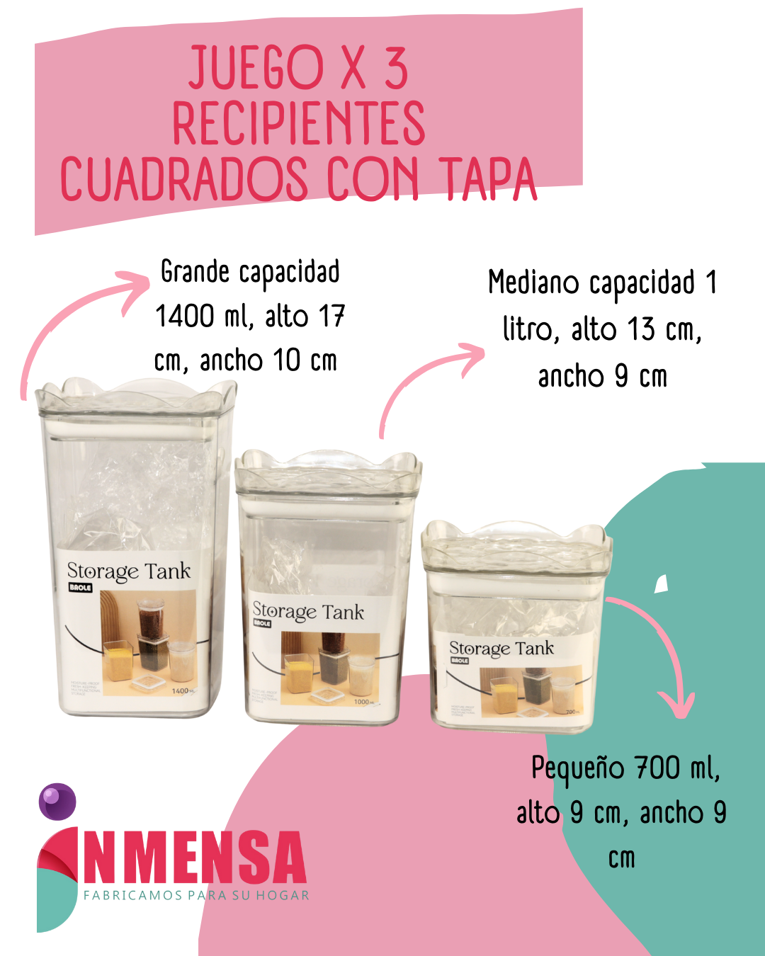 JUEGO DE RECIPIENTES CUADRADOS CON TAPA x3