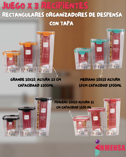 JUEGO DE RECIPIENTES RECTANGULARES ORGANIZADORES DE DESPENSA CON TAPA x3