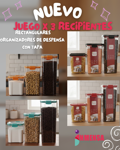 JUEGO DE RECIPIENTES RECTANGULARES ORGANIZADORES DE DESPENSA CON TAPA x3
