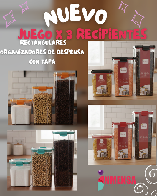 JUEGO DE RECIPIENTES RECTANGULARES ORGANIZADORES DE DESPENSA CON TAPA x3