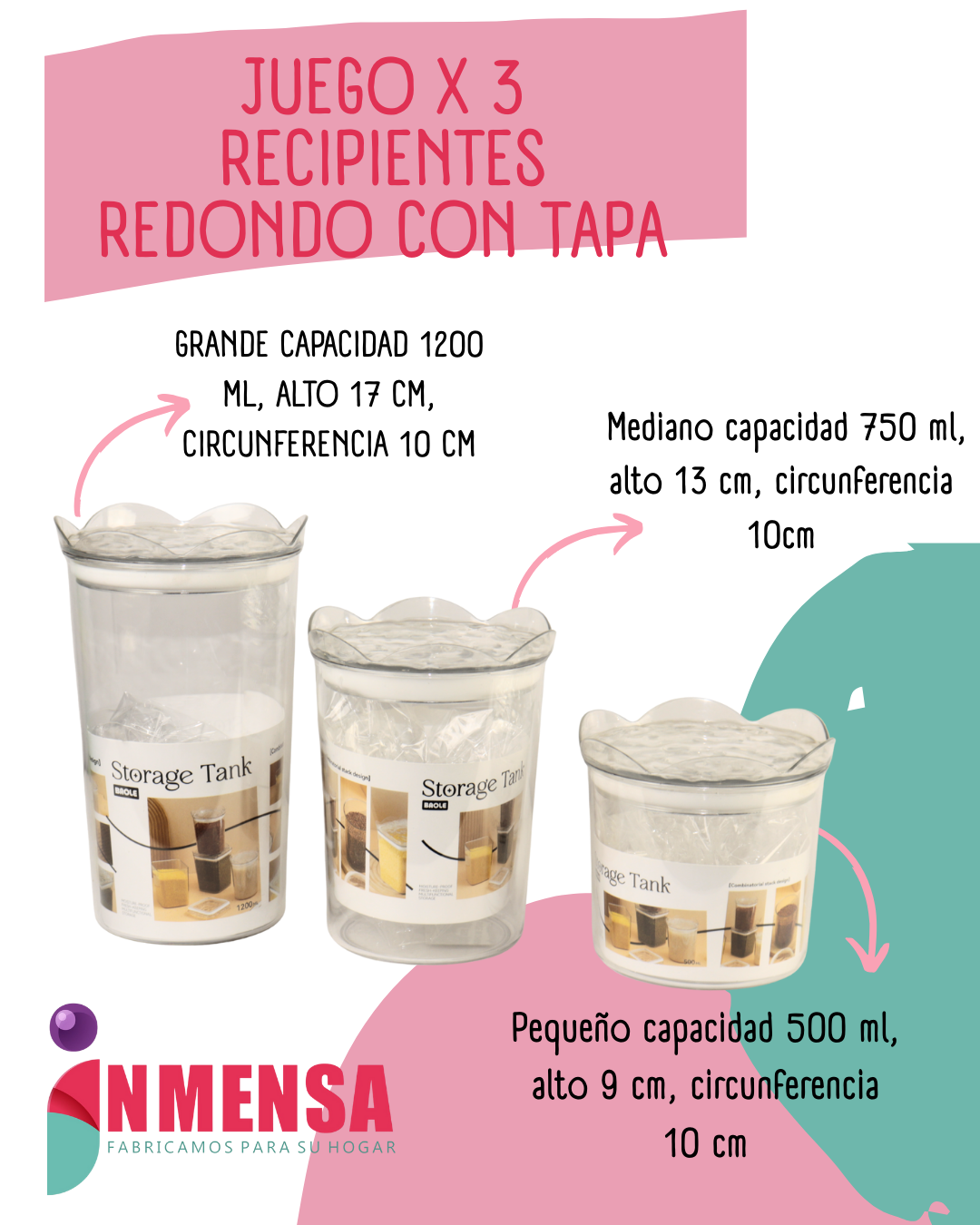JUEGO DE RECIPIENTES REDONDOS CON TAPA x3