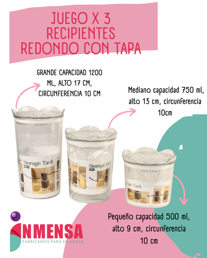 JUEGO DE RECIPIENTES REDONDOS CON TAPA x3