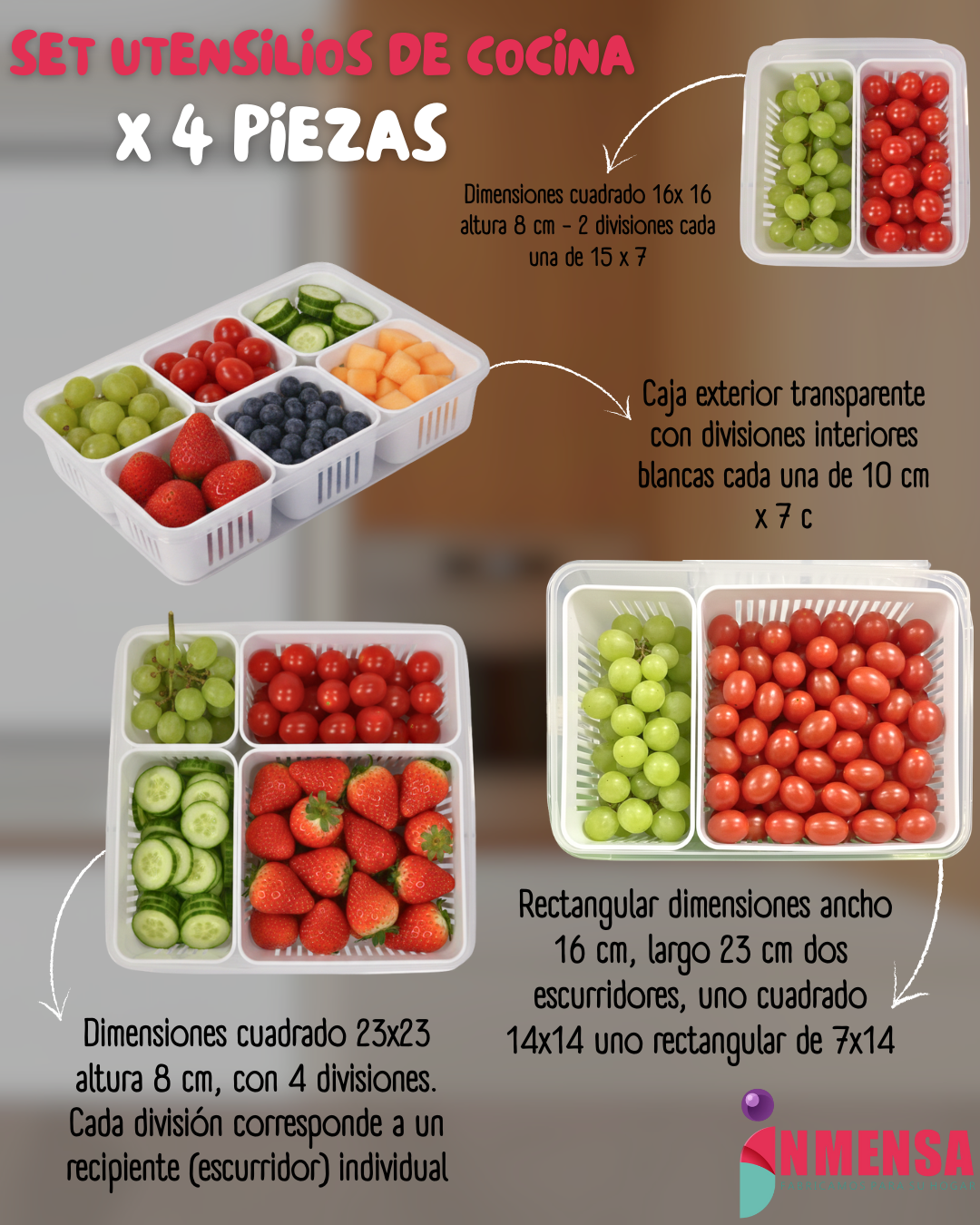 JUEGO DE ORGANIZACIÓN DE NEVERA CON TAPAS, DIVISIONES Y ESCURRIDOR x4