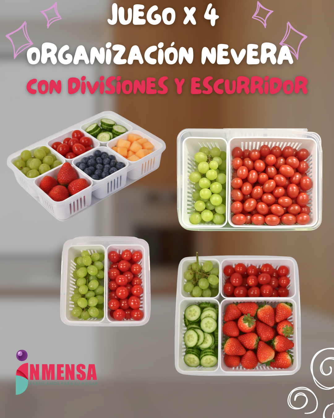 JUEGO DE ORGANIZACIÓN DE NEVERA CON TAPAS, DIVISIONES Y ESCURRIDOR x4