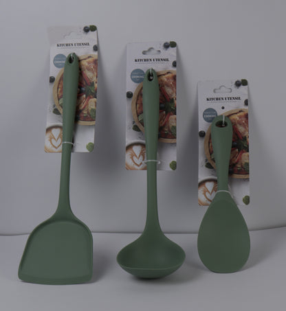 SET DE UTENSILIOS DE COCINA EN SILICONA x3 PIEZAS VERDE OLIVO