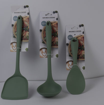 SET DE UTENSILIOS DE COCINA EN SILICONA x3 PIEZAS VERDE OLIVO