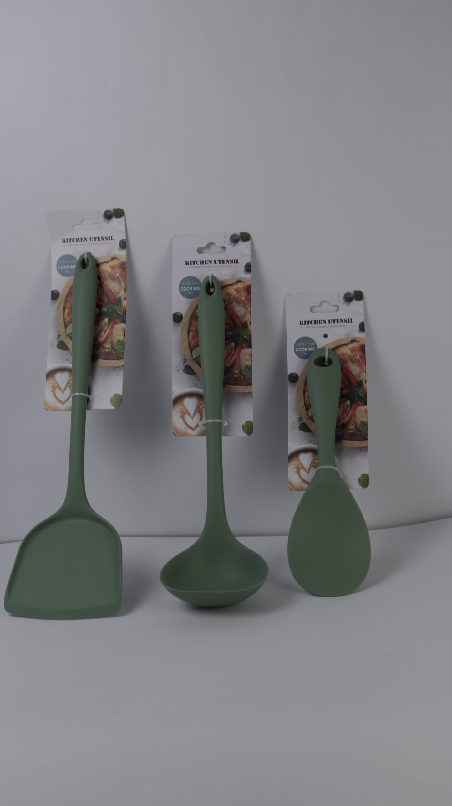 SET DE UTENSILIOS DE COCINA x10 PIEZAS – KIT COMPLETO EN SILICONA VERDE OLIVO Y EN ACERO