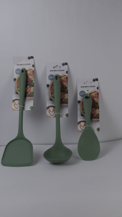 SET DE UTENSILIOS DE COCINA x10 PIEZAS – KIT COMPLETO EN SILICONA VERDE OLIVO Y EN ACERO