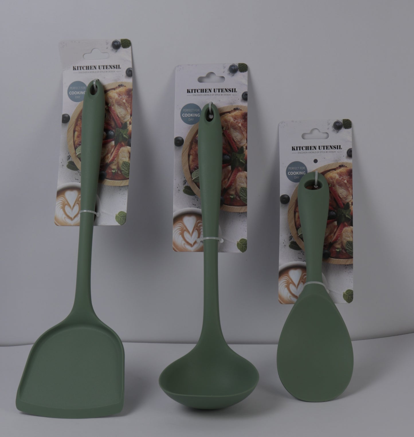SET DE UTENSILIOS DE COCINA EN SILICONA x3 PIEZAS VERDE OLIVO