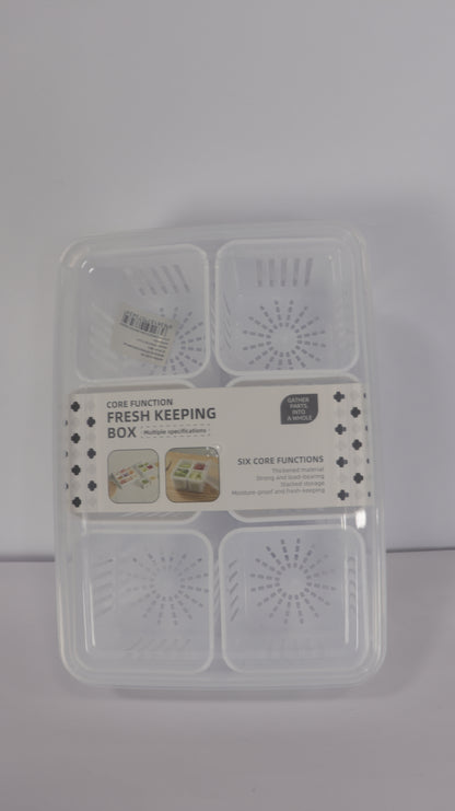 RECIPIENTE RECTANGULAR PARA NEVERA CON TAPA, ESCURRIDOR Y 6 DIVISIONES EN RECIPIENTES INDIVIDUALES