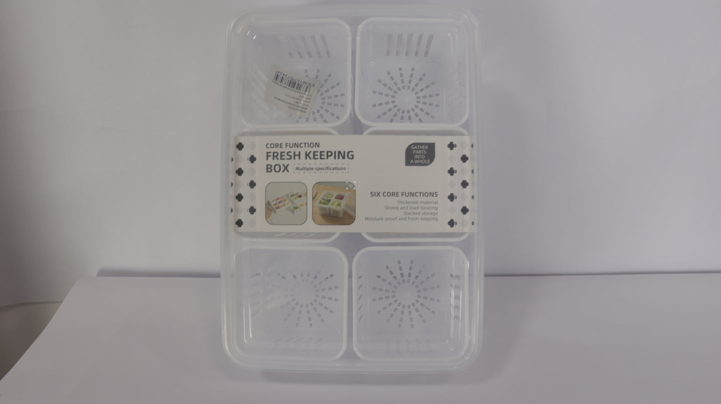 RECIPIENTE RECTANGULAR PARA NEVERA CON TAPA, ESCURRIDOR Y 6 DIVISIONES EN RECIPIENTES INDIVIDUALES