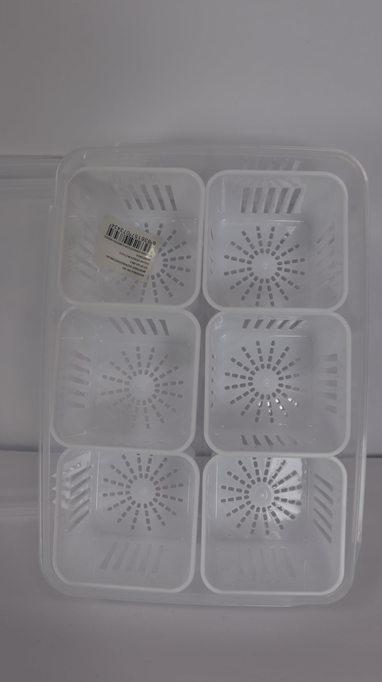 RECIPIENTE RECTANGULAR PARA NEVERA CON TAPA, ESCURRIDOR Y 6 DIVISIONES EN RECIPIENTES INDIVIDUALES