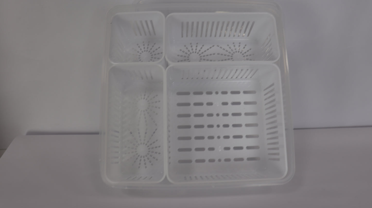 RECIPIENTE CUADRADO PARA NEVERA CON TAPA, ESCURRIDOR Y 4 DIVISIONES EN RECIPIENTES INDIVIDUALES