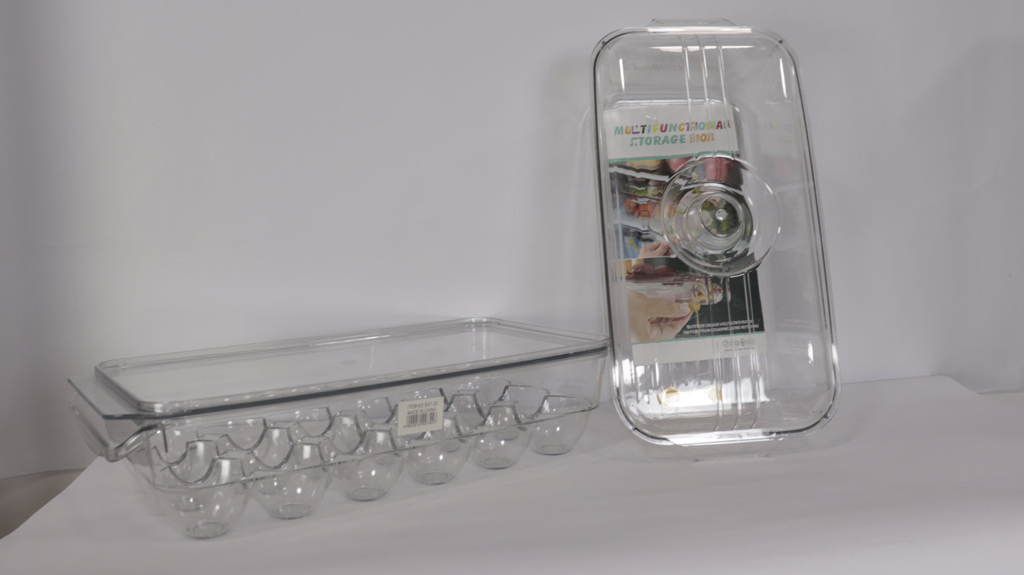SET NEVERA: ORGANIZADOR DE HUEVOS CON TAPA + RECIPIENTE TRANSPARENTE PARA NEVERA CON TAPA