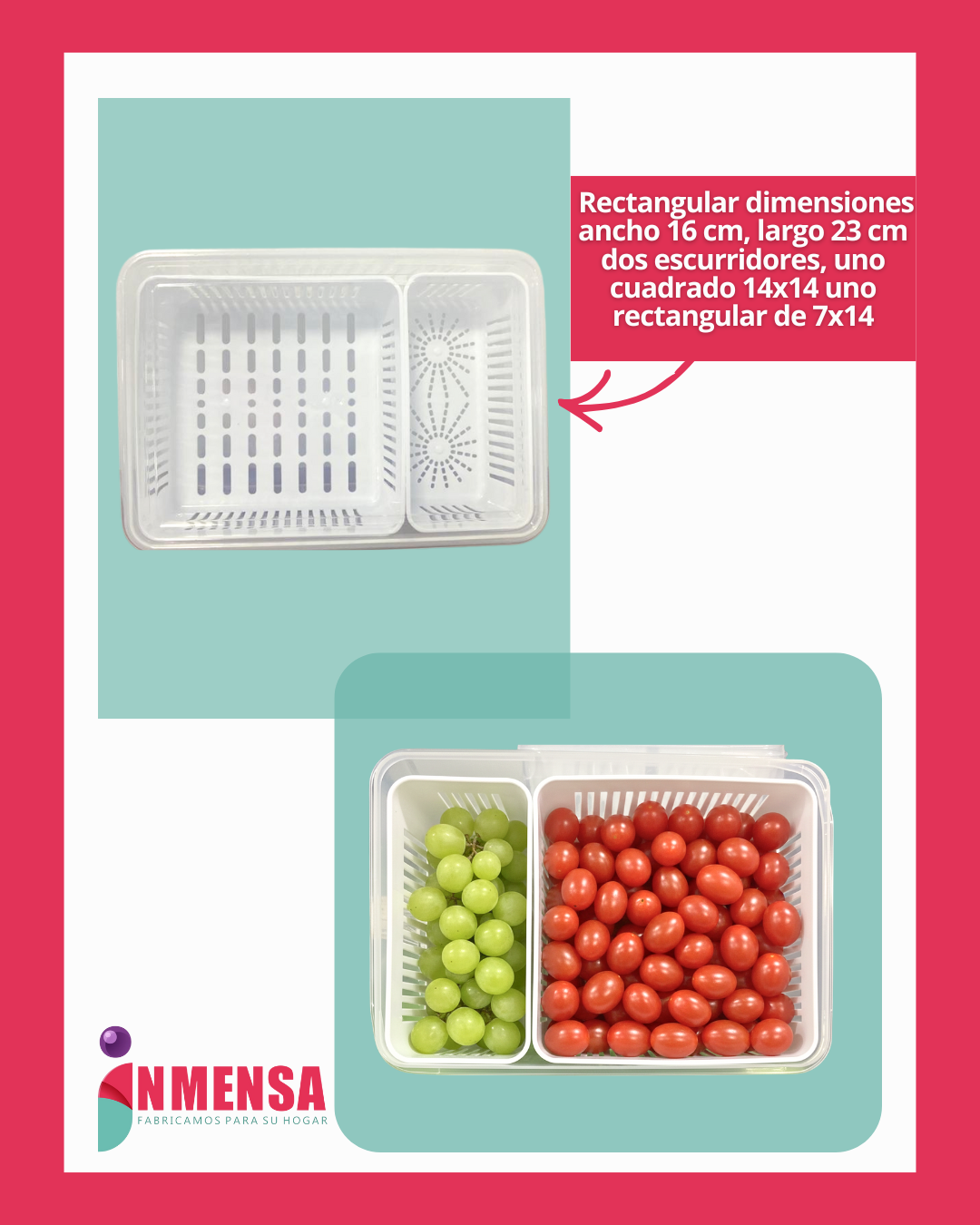 RECIPIENTE RECTANGULAR PARA NEVERA CON TAPA, ESCURRIDOR Y 2 DIVISIONES EN RECIPIENTES INDIVIDUALES