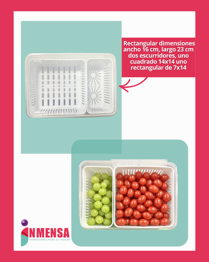 RECIPIENTE RECTANGULAR PARA NEVERA CON TAPA, ESCURRIDOR Y 2 DIVISIONES EN RECIPIENTES INDIVIDUALES