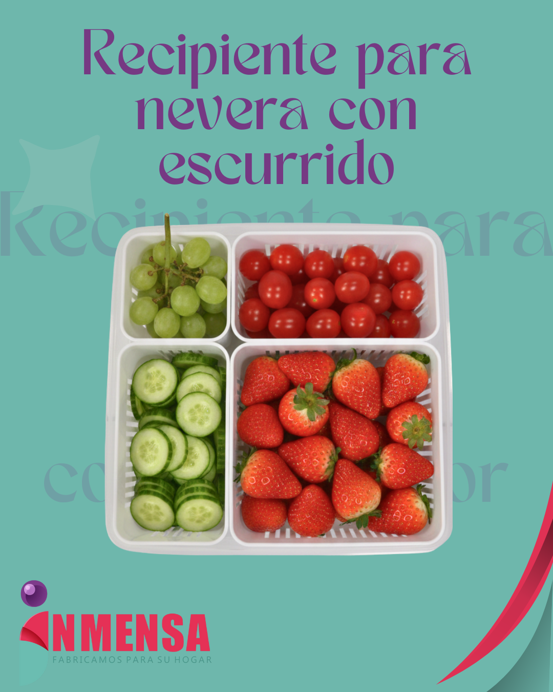 RECIPIENTE CUADRADO PARA NEVERA CON TAPA, ESCURRIDOR Y 4 DIVISIONES EN RECIPIENTES INDIVIDUALES