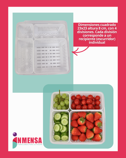 RECIPIENTE CUADRADO PARA NEVERA CON TAPA, ESCURRIDOR Y 4 DIVISIONES EN RECIPIENTES INDIVIDUALES