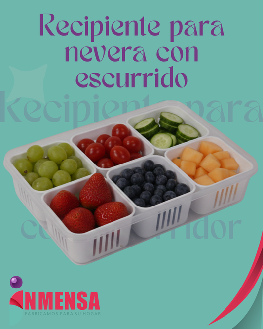 RECIPIENTE RECTANGULAR PARA NEVERA CON TAPA, ESCURRIDOR Y 6 DIVISIONES EN RECIPIENTES INDIVIDUALES