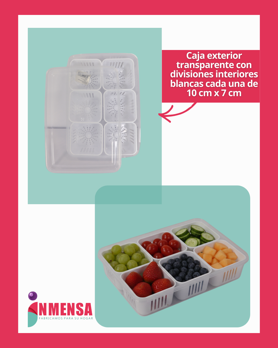 RECIPIENTE RECTANGULAR PARA NEVERA CON TAPA, ESCURRIDOR Y 6 DIVISIONES EN RECIPIENTES INDIVIDUALES