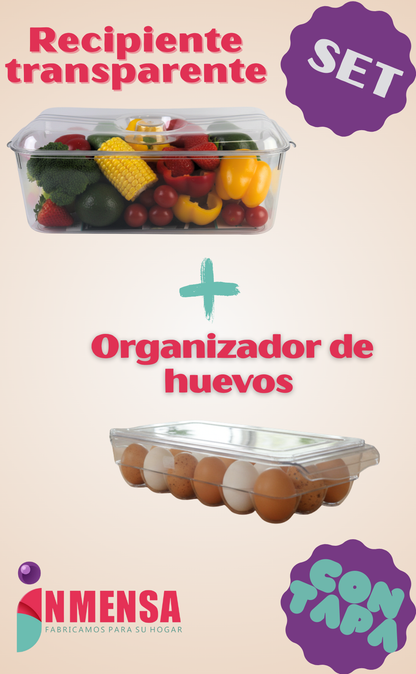 SET NEVERA: ORGANIZADOR DE HUEVOS CON TAPA + RECIPIENTE TRANSPARENTE PARA NEVERA CON TAPA