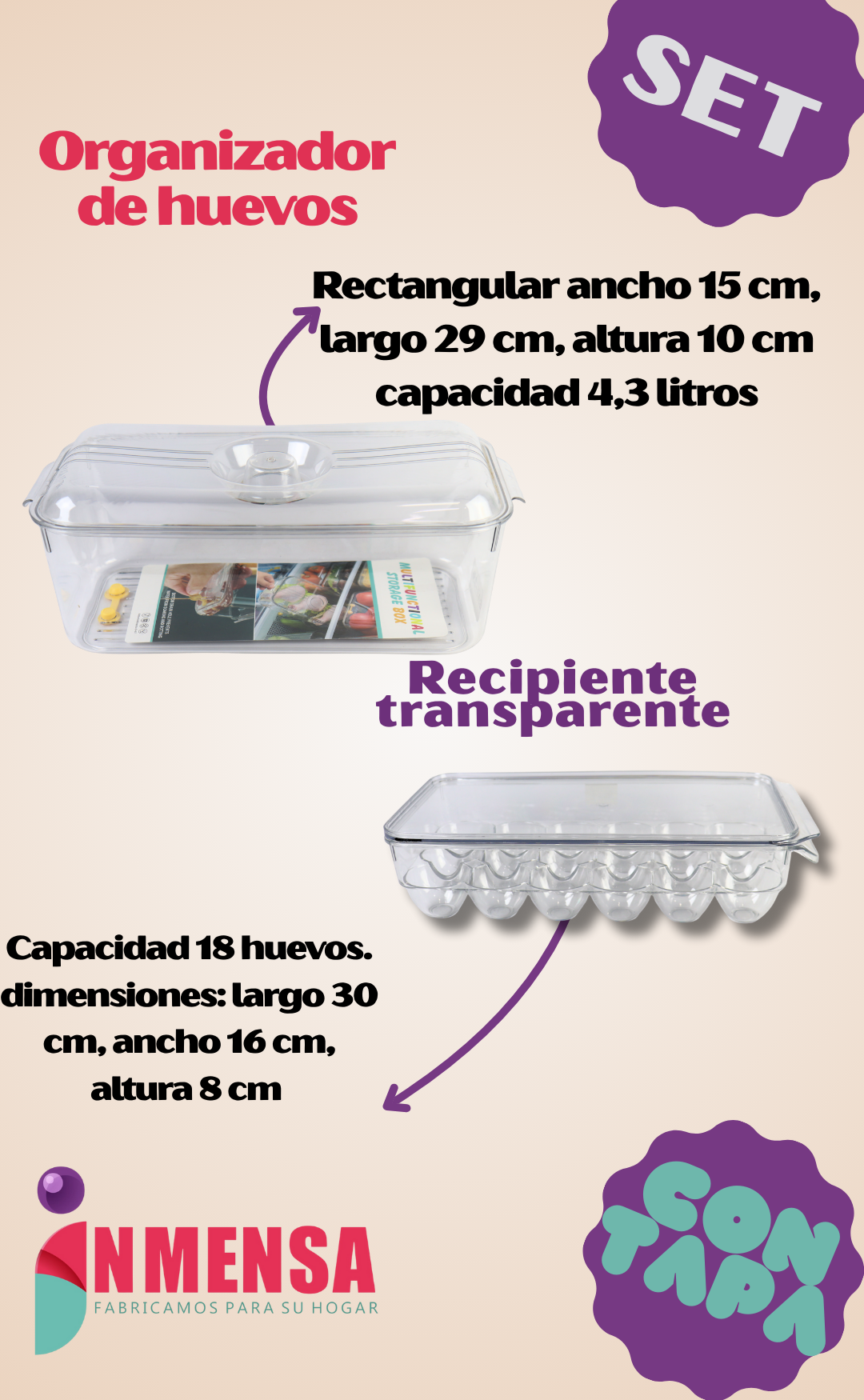 SET NEVERA: ORGANIZADOR DE HUEVOS CON TAPA + RECIPIENTE TRANSPARENTE PARA NEVERA CON TAPA