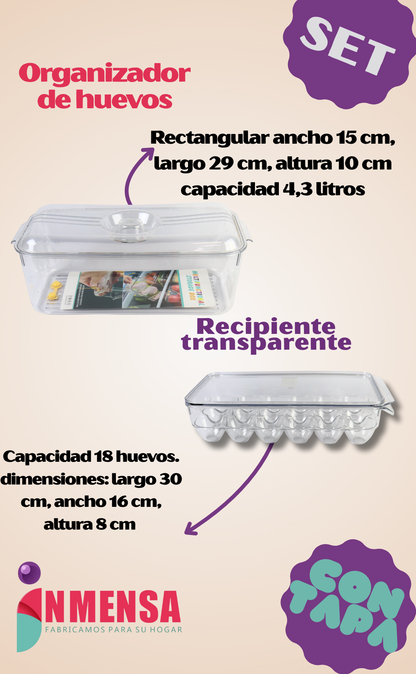 SET NEVERA: ORGANIZADOR DE HUEVOS CON TAPA + RECIPIENTE TRANSPARENTE PARA NEVERA CON TAPA
