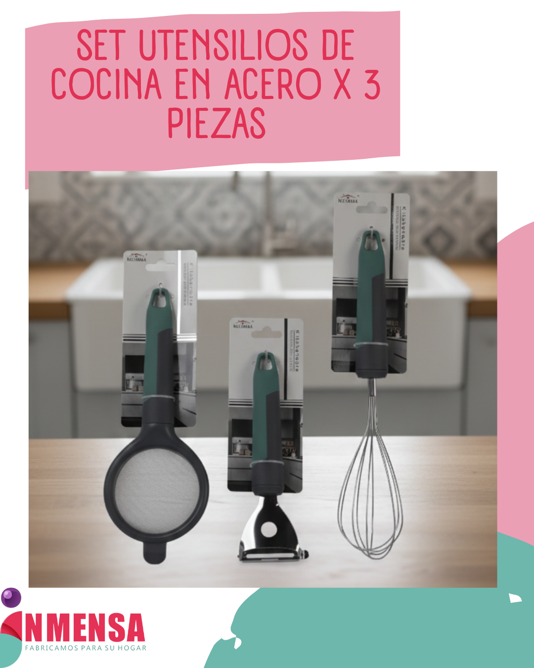 SET DE UTENSILIOS DE COCINA EN ACERO x3 PIEZAS