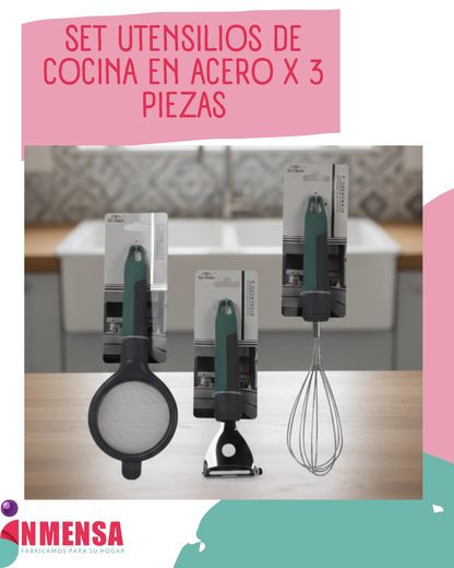 SET DE UTENSILIOS DE COCINA EN ACERO x3 PIEZAS