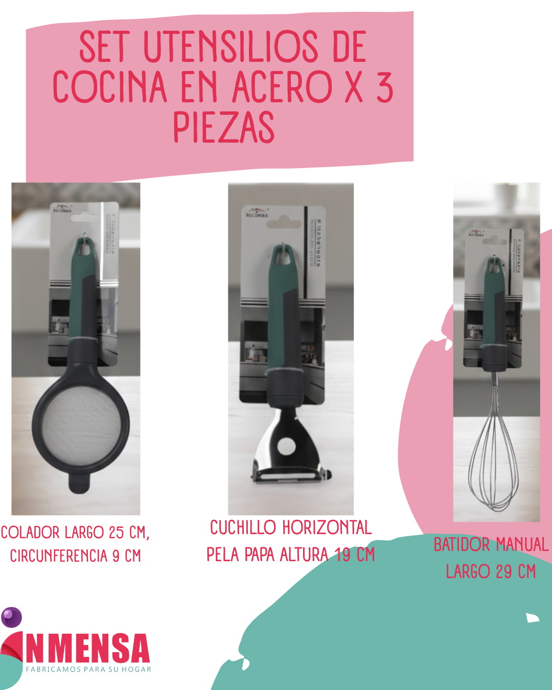 SET DE UTENSILIOS DE COCINA EN ACERO x3 PIEZAS