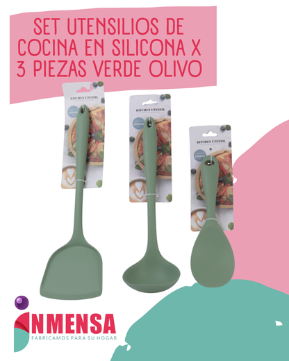 SET DE UTENSILIOS DE COCINA EN SILICONA x3 PIEZAS VERDE OLIVO