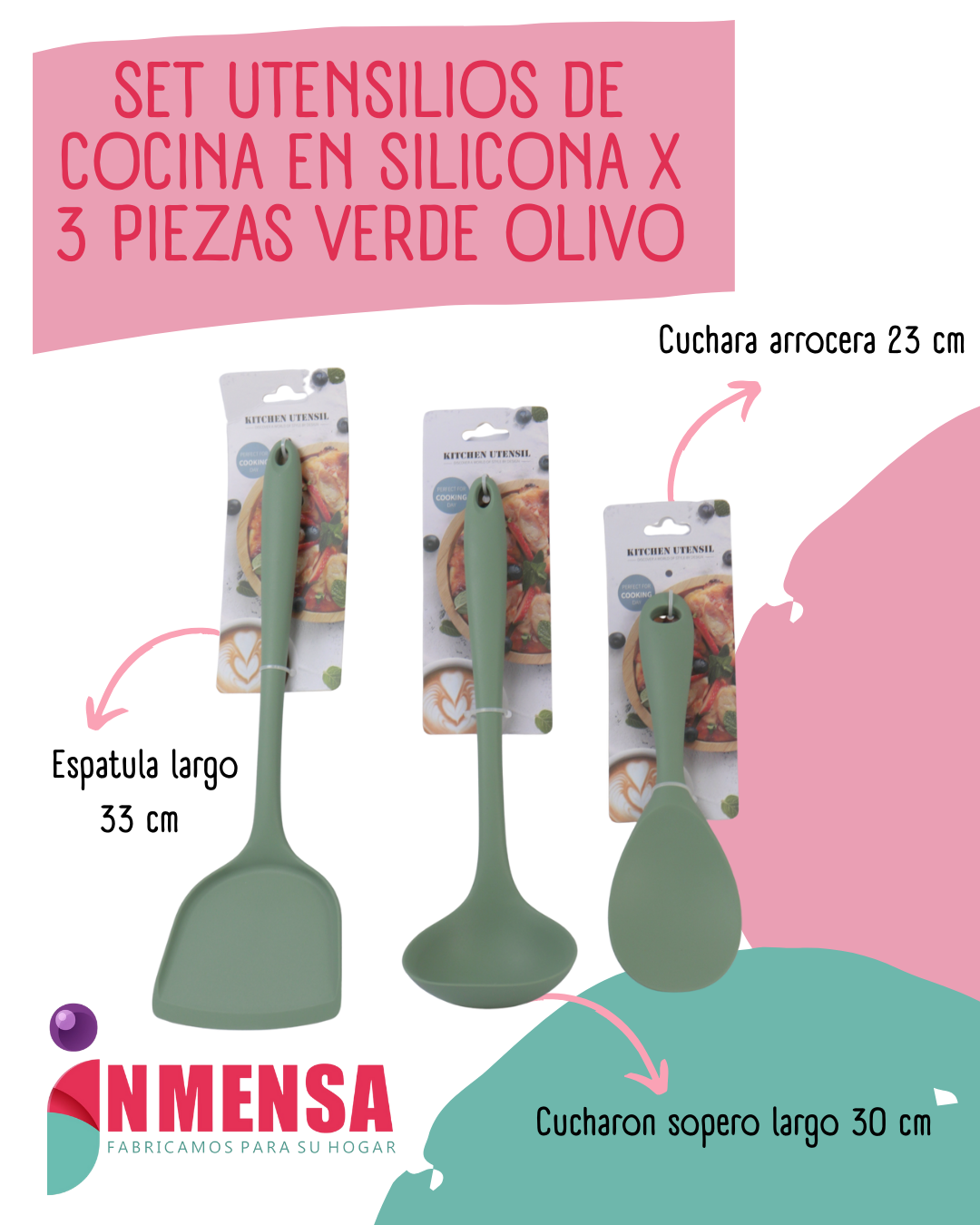 SET DE UTENSILIOS DE COCINA EN SILICONA x3 PIEZAS VERDE OLIVO
