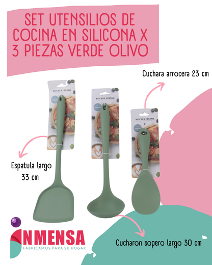 SET DE UTENSILIOS DE COCINA EN SILICONA x3 PIEZAS VERDE OLIVO